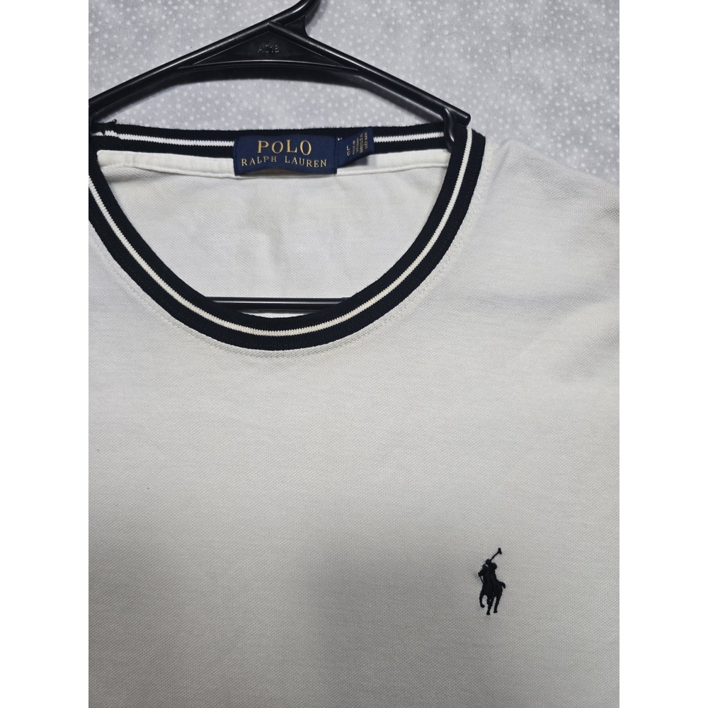 Polo Ralph Lauren Men's Large White T-Shirt w/ Black Striped Collar 100% Cotton